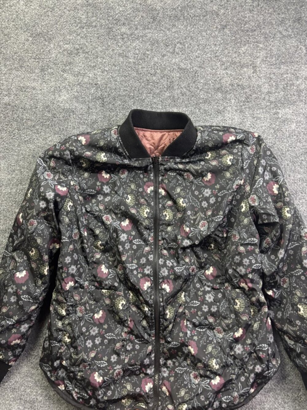 Bernardo Reversible Puffer Jacket Womens Large Black Floral Quilted‎ Bomber